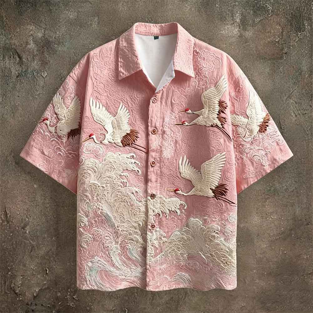 Vintage Crane Linen Short Sleeve Hawaiian Shirt