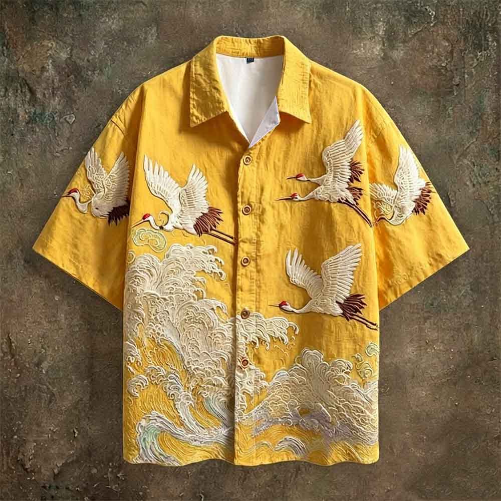 Vintage Crane Linen Short Sleeve Hawaiian Shirt