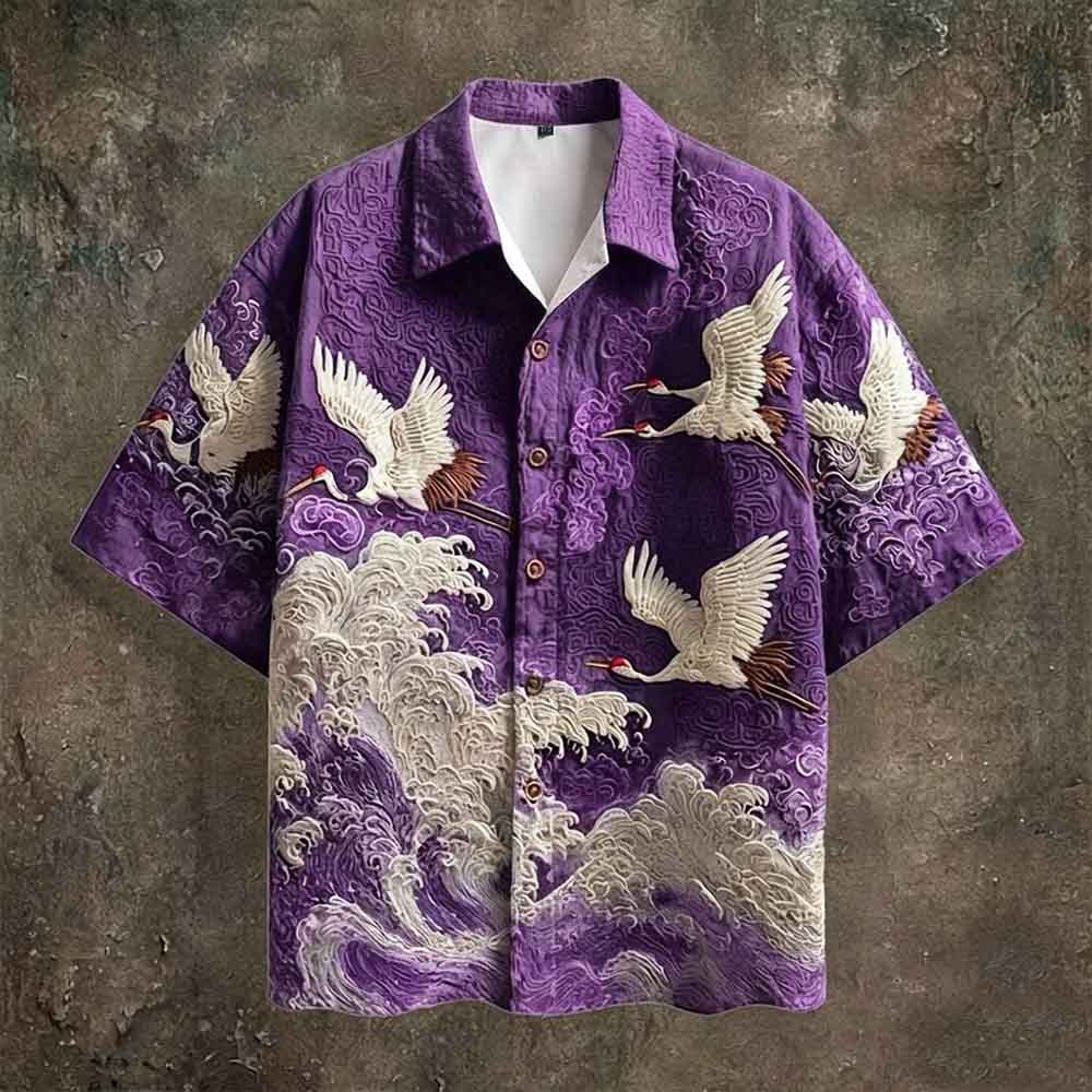 Vintage Crane Linen Short Sleeve Hawaiian Shirt