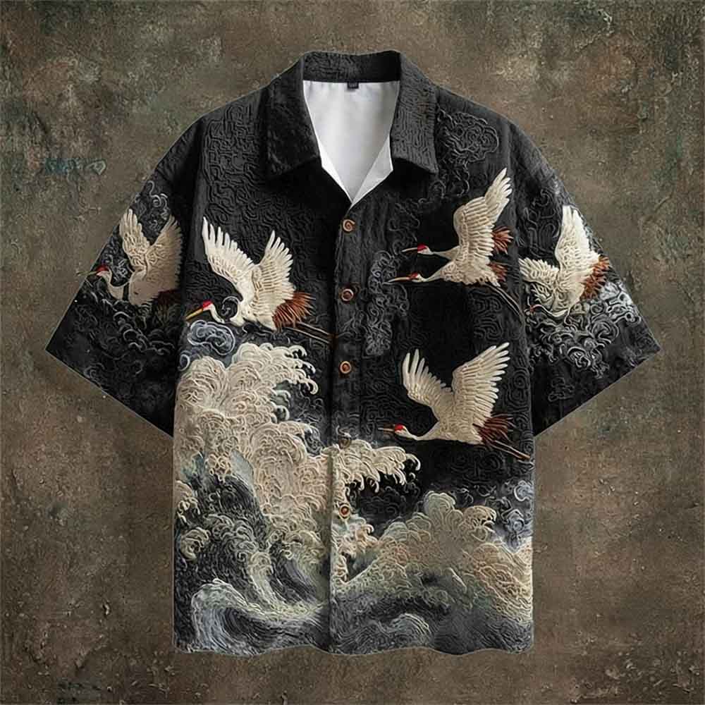 Vintage Crane Linen Short Sleeve Hawaiian Shirt