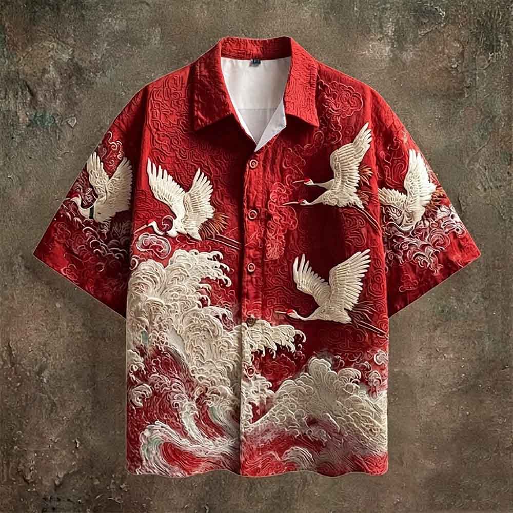 Vintage Crane Linen Short Sleeve Hawaiian Shirt
