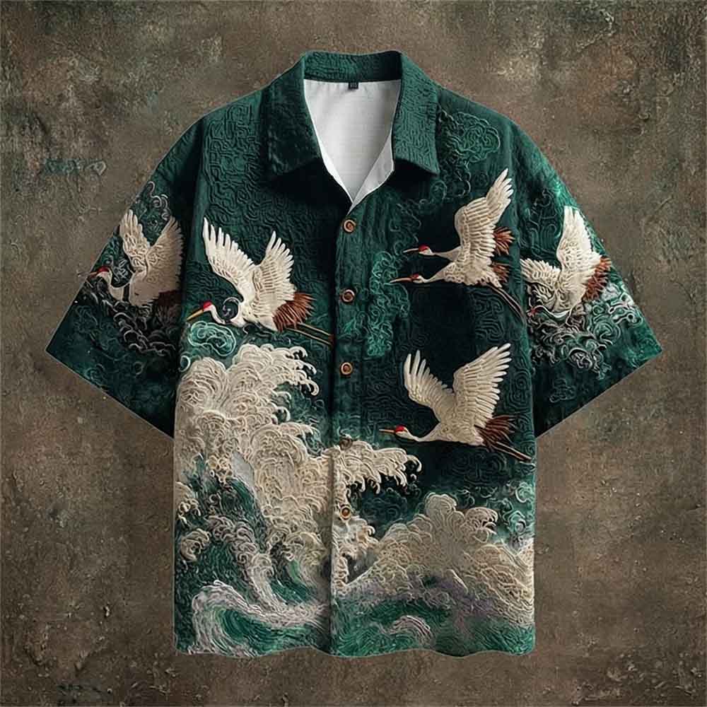 Vintage Crane Linen Short Sleeve Hawaiian Shirt