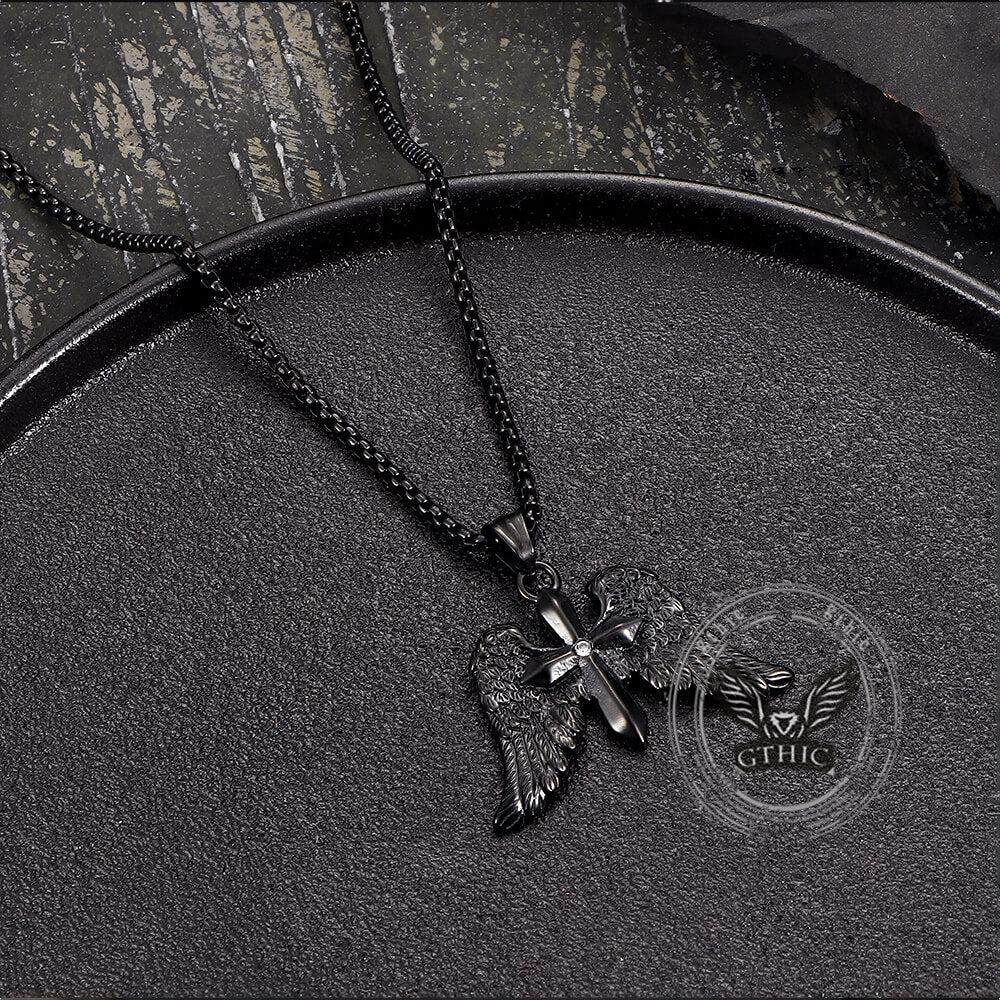 Vintage Cross Angel Wings Stainless Steel Pendant