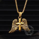 Vintage Cross Angel Wings Stainless Steel Pendant