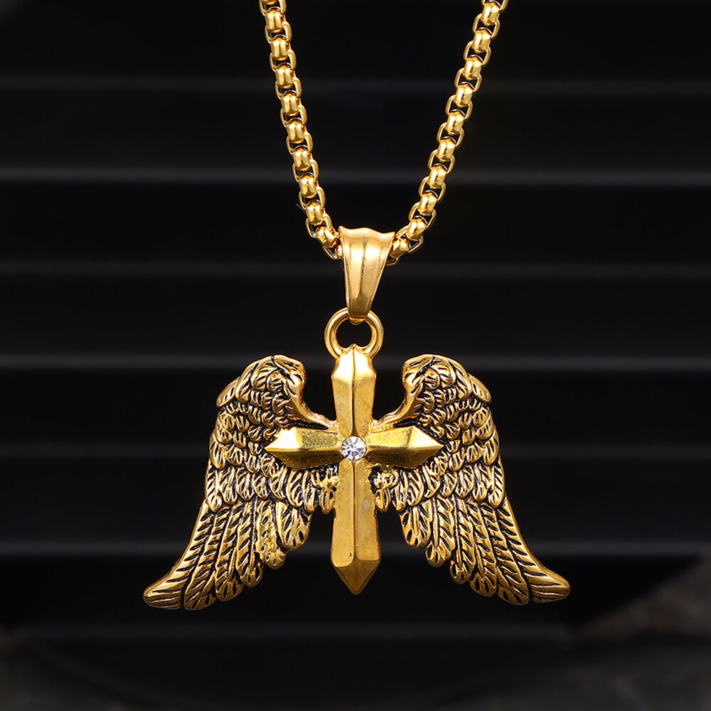 Vintage Cross Angel Wings Stainless Steel Pendant