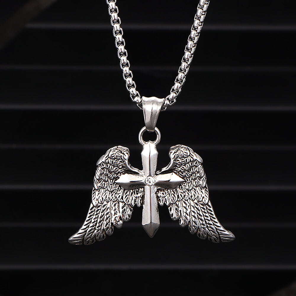 Vintage Cross Angel Wings Stainless Steel Pendant | Gthic.com