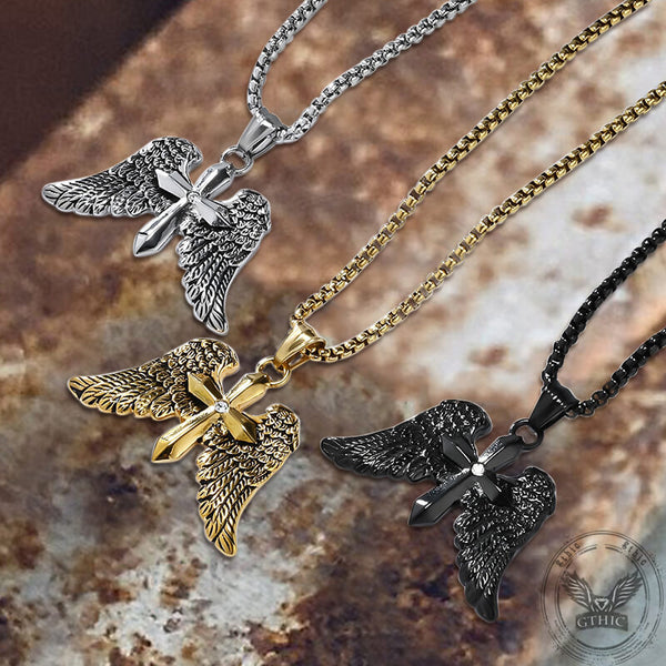 Vintage Cross Angle Wings Stainless Steel Pendant | Gthic.com