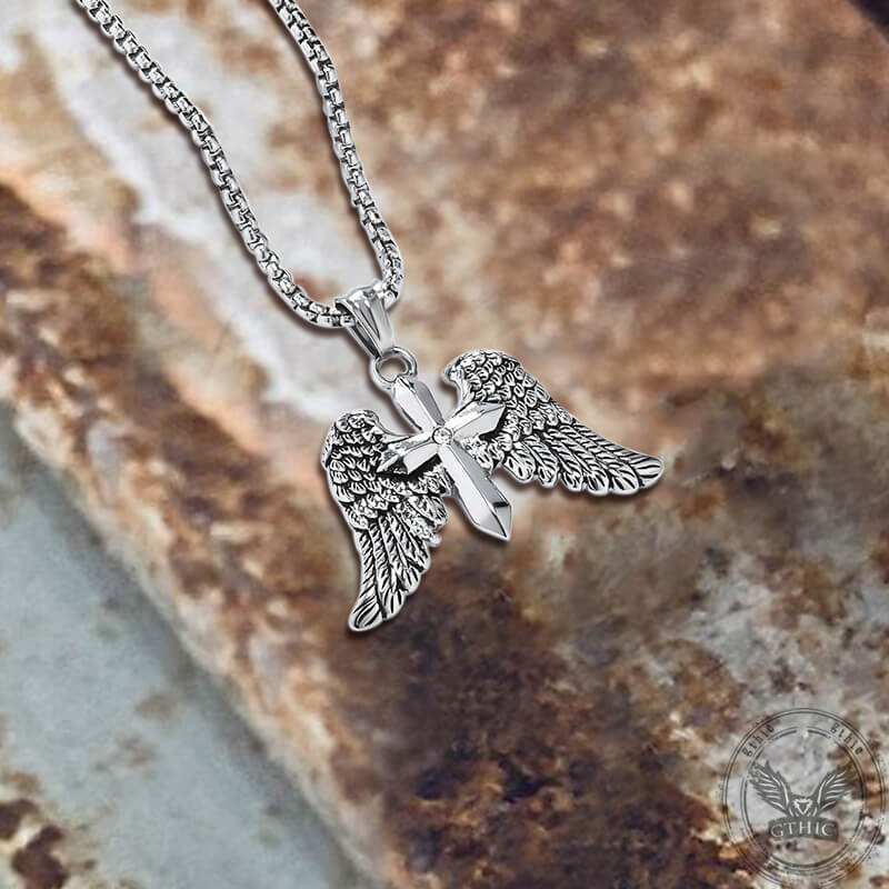 Vintage Cross Angle Wings Stainless Steel Pendant | Gthic.com
