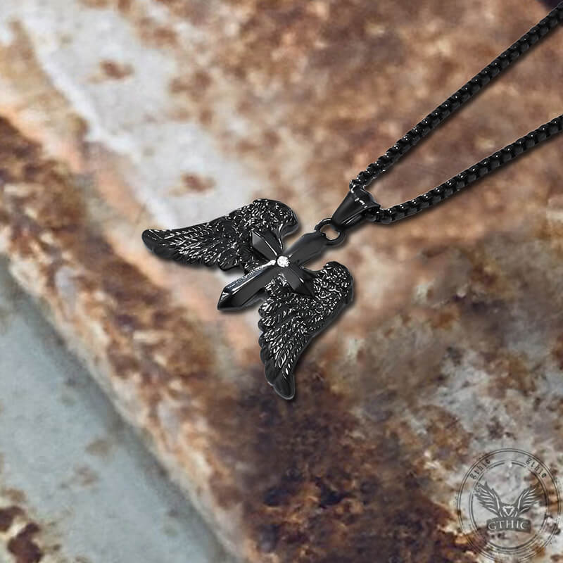 Vintage Cross Angle Wings Stainless Steel Pendant | Gthic.com