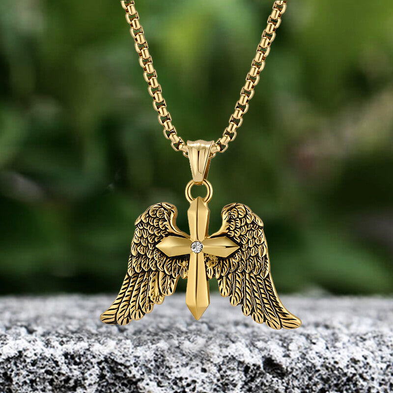 Vintage Cross Angle Wings Stainless Steel Pendant | Gthic.com