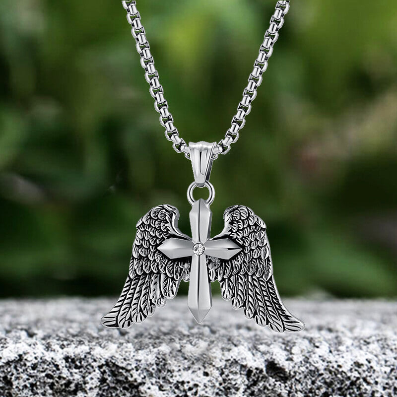 Vintage Cross Angle Wings Stainless Steel Pendant | Gthic.com
