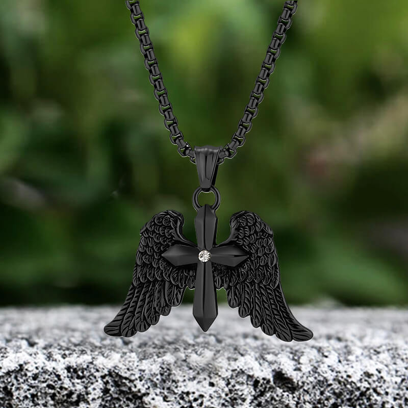 Vintage Cross Angle Wings Stainless Steel Pendant | Gthic.com