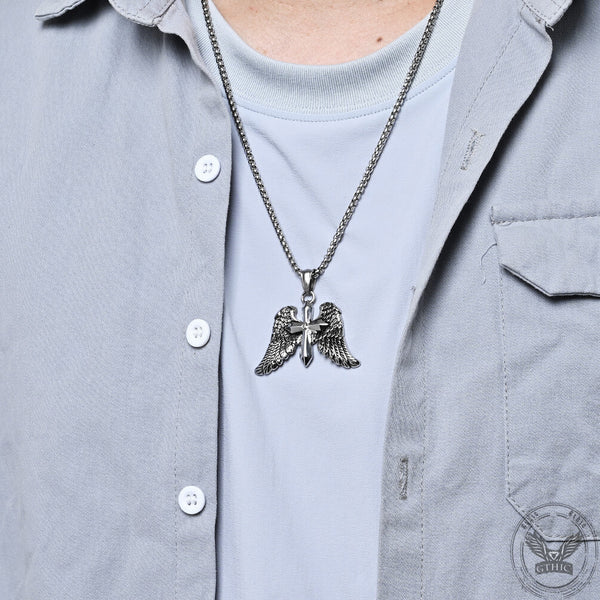 Vintage Cross Angle Wings Stainless Steel Pendant | Gthic.com