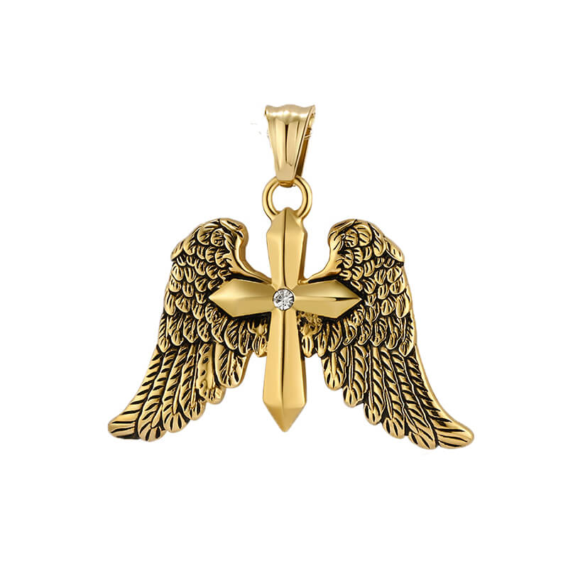 Vintage Cross Angle Wings Stainless Steel Pendant | Gthic.com