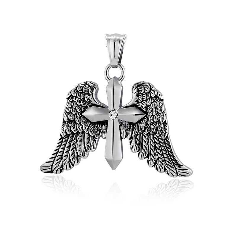 Vintage Cross Angle Wings Stainless Steel Pendant | Gthic.com