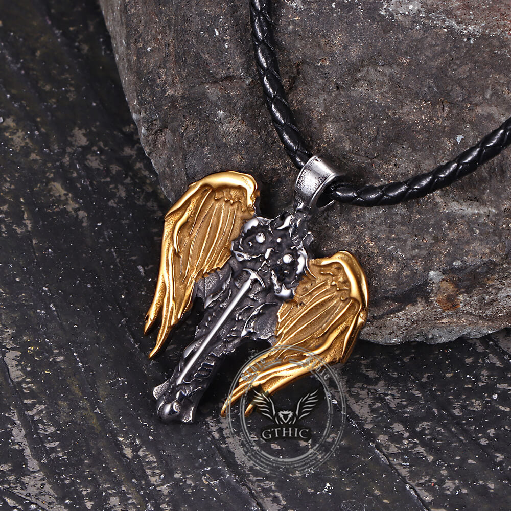 Vintage Cross Archangel Wing Amulet Stainless Steel Pendant
