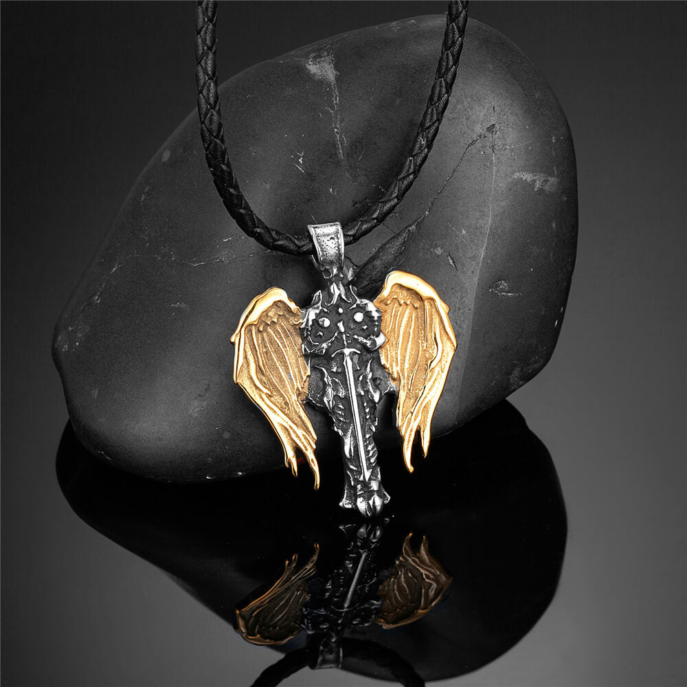 Vintage Cross Archangel Wing Amulet Stainless Steel Pendant