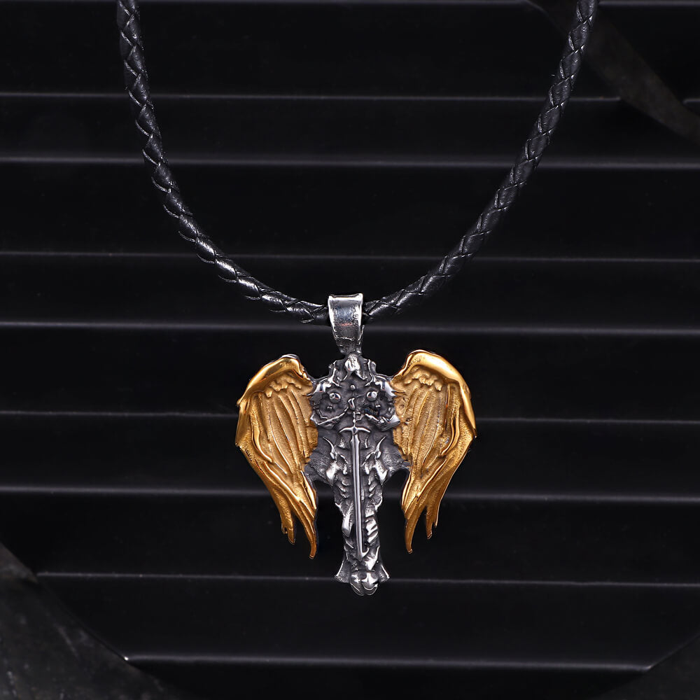Vintage Cross Archangel Wing Amulet Stainless Steel Pendant