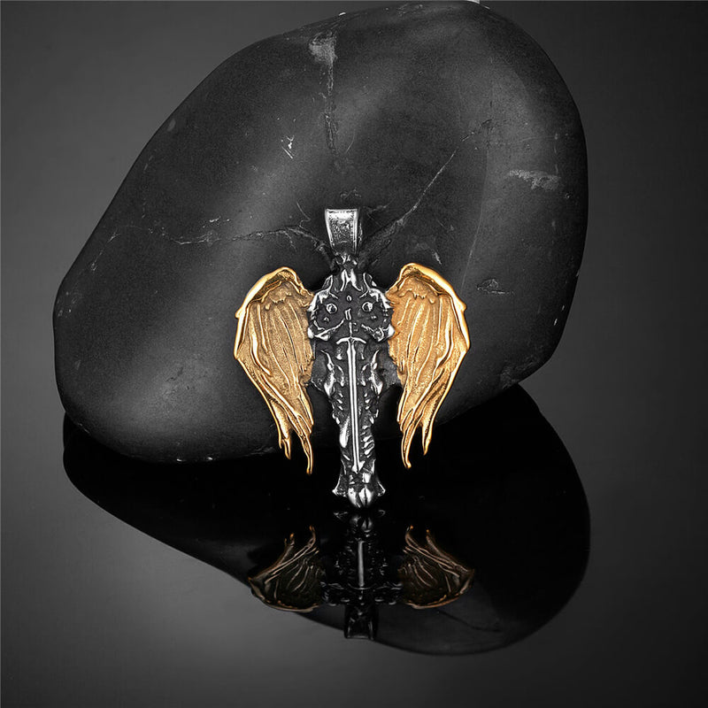 Vintage Cross Archangel Wing Amulet Stainless Steel Pendant