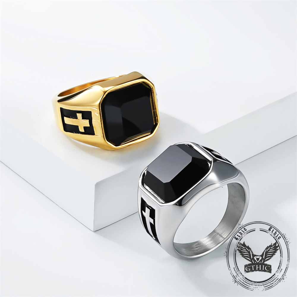 Vintage Cross Black Gemstone Stainless Steel Ring | Gthic.com