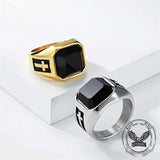 Vintage Cross Black Gemstone Stainless Steel Ring | Gthic.com