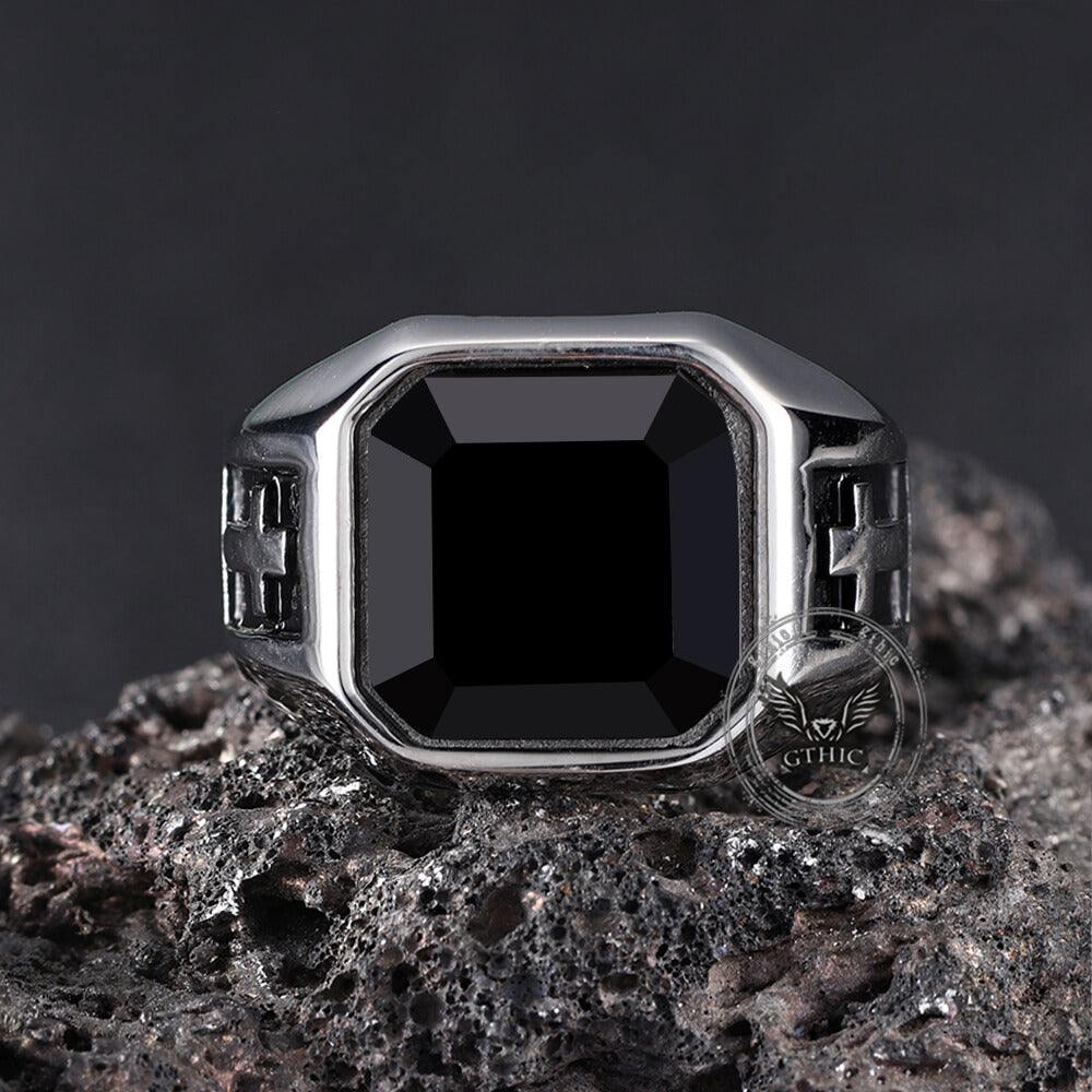 Vintage Cross Black Gemstone Stainless Steel Ring