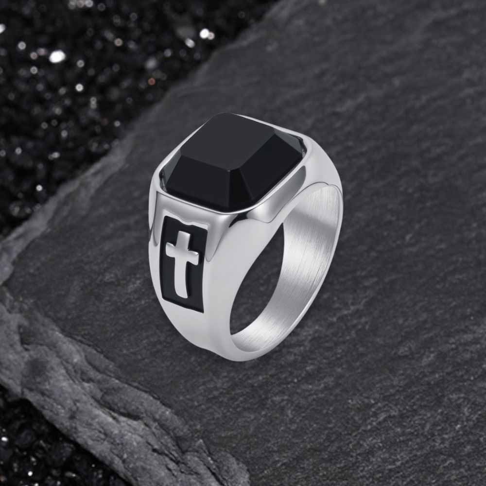 Vintage Cross Black Gemstone Stainless Steel Ring | Gthic.com