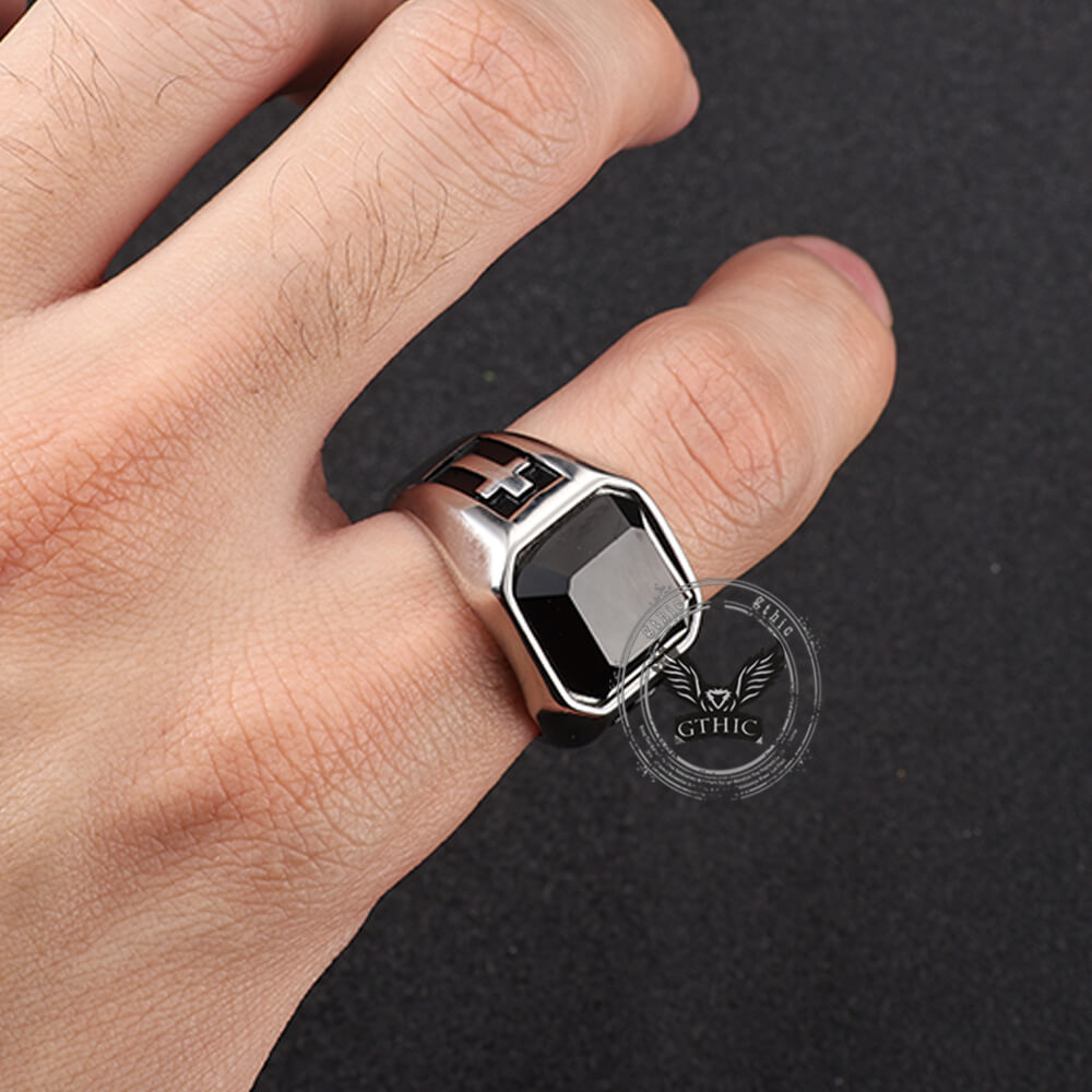 Vintage Cross Black Gemstone Stainless Steel Ring