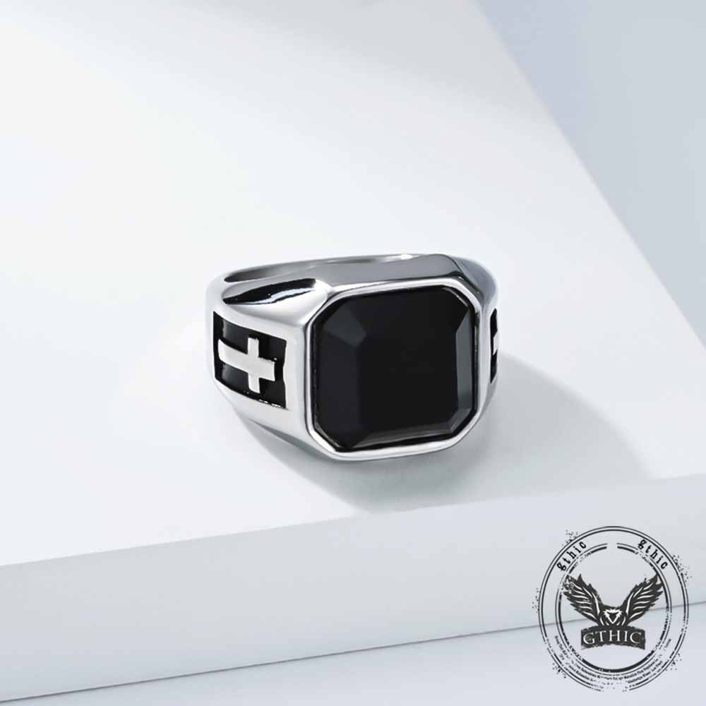 Vintage Cross Black Gemstone Stainless Steel Ring