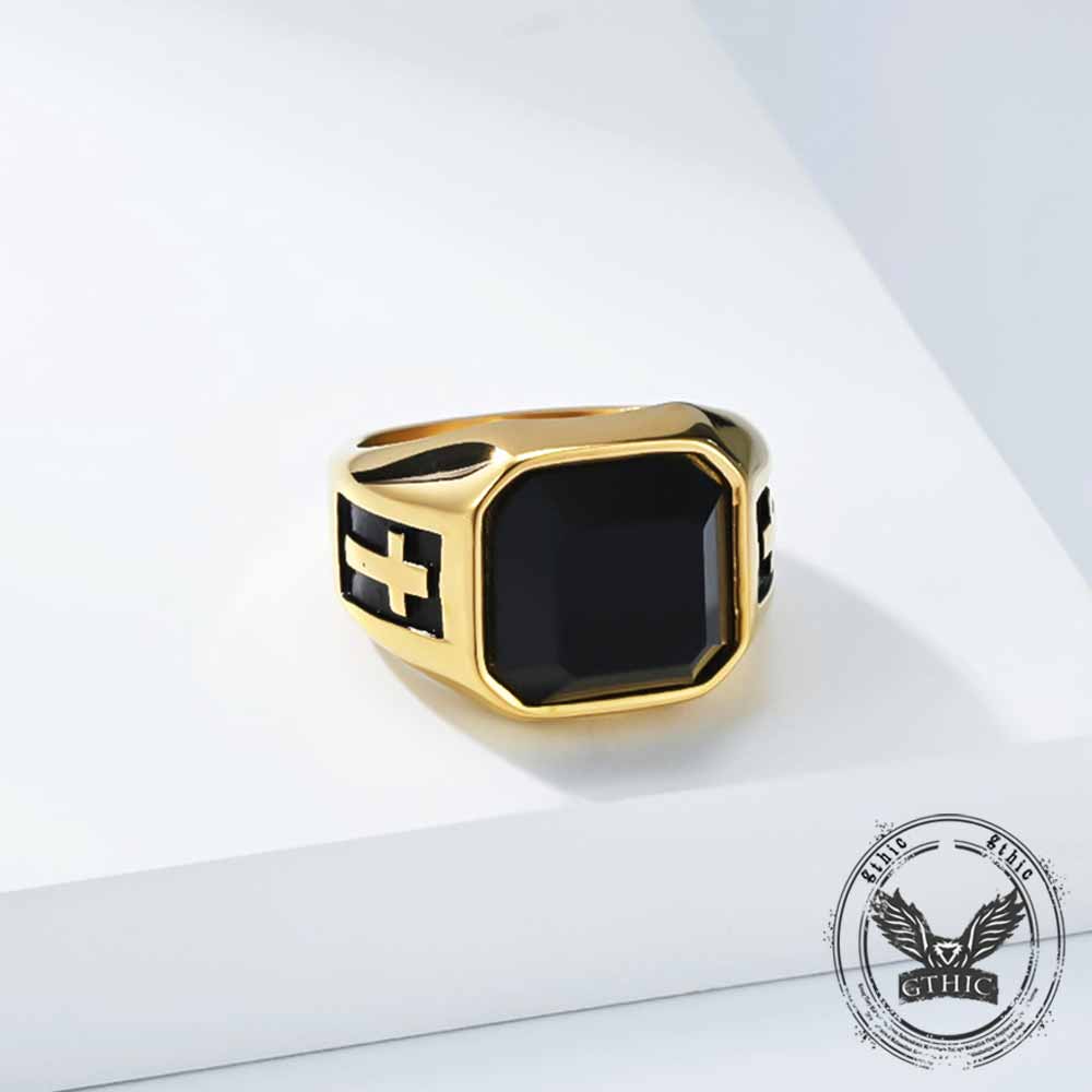 Vintage Cross Black Gemstone Stainless Steel Ring