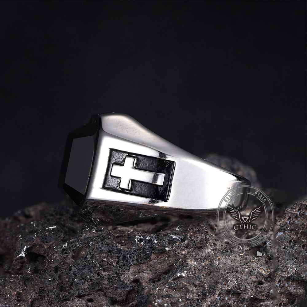 Vintage Cross Black Gemstone Stainless Steel Ring