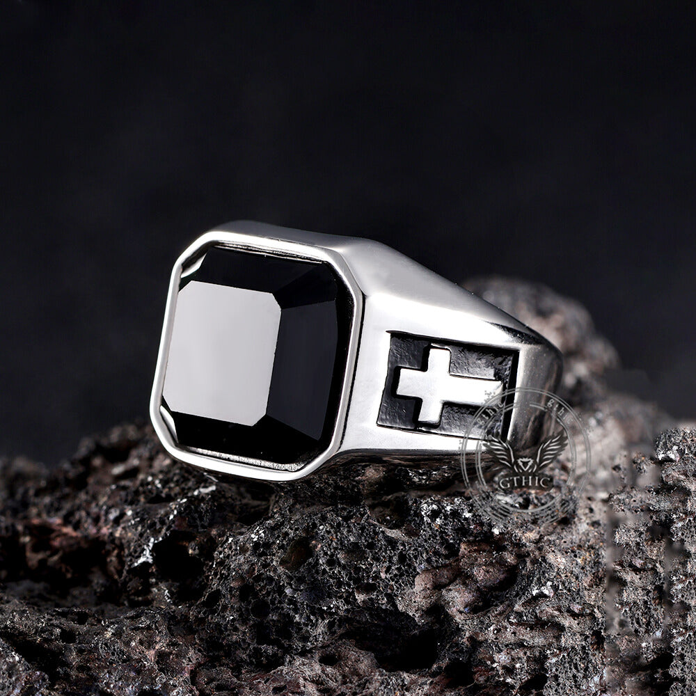 Vintage Cross Black Gemstone Stainless Steel Ring