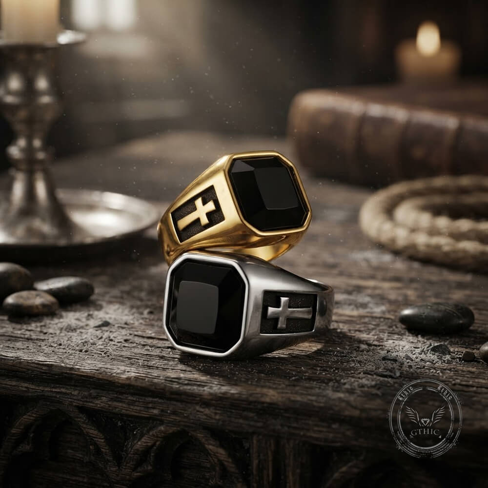 Vintage Cross Black Gemstone Stainless Steel Ring | Gthic.com