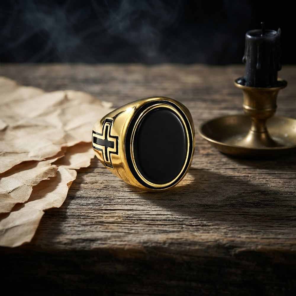 Vintage Cross Pattern Oval Gem Stainless Steel Ring