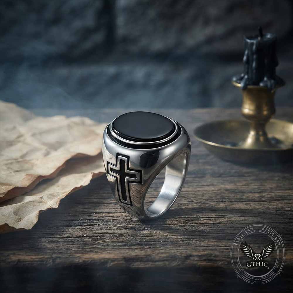 Vintage Cross Pattern Oval Gem Stainless Steel Ring