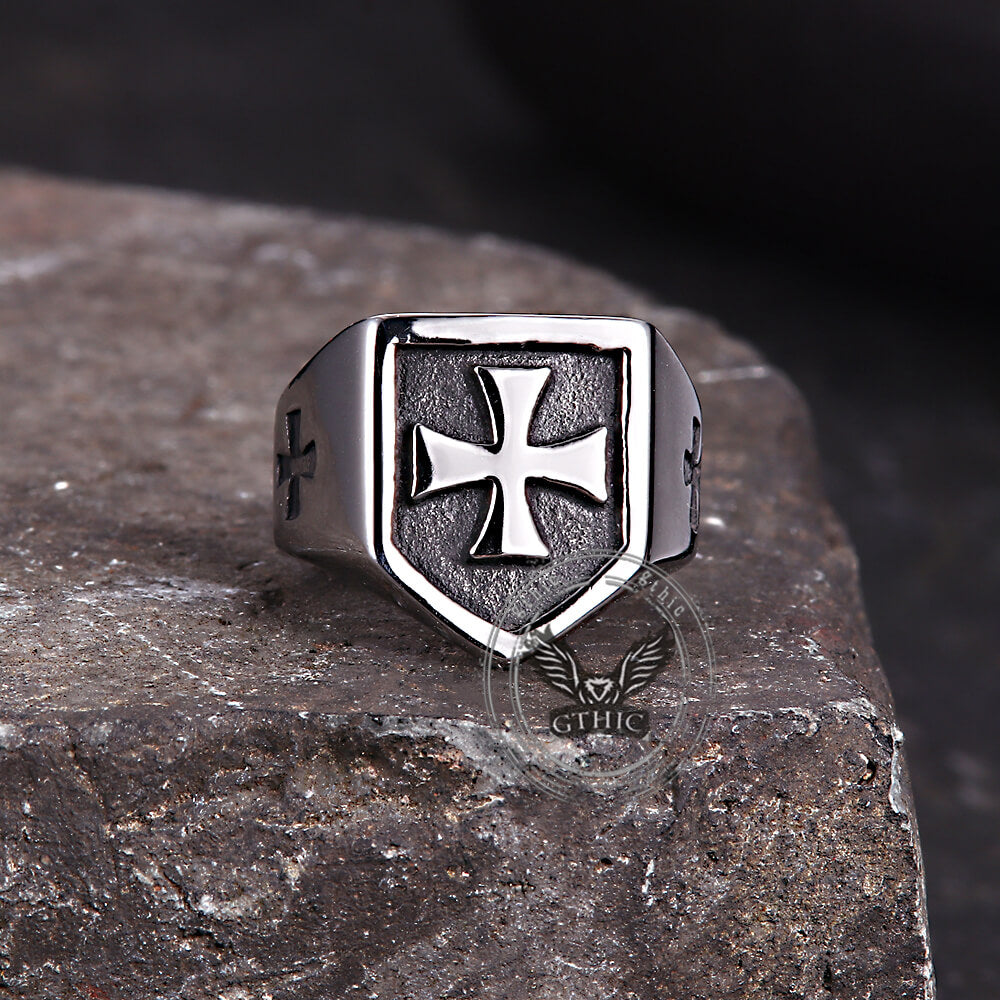 Vintage Cross Pattern Stainless Steel Shield Ring