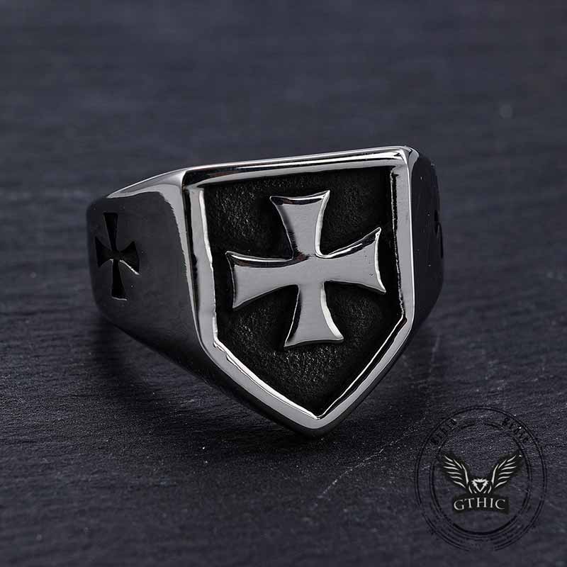 Vintage Cross Pattern Stainless Steel Shield Ring