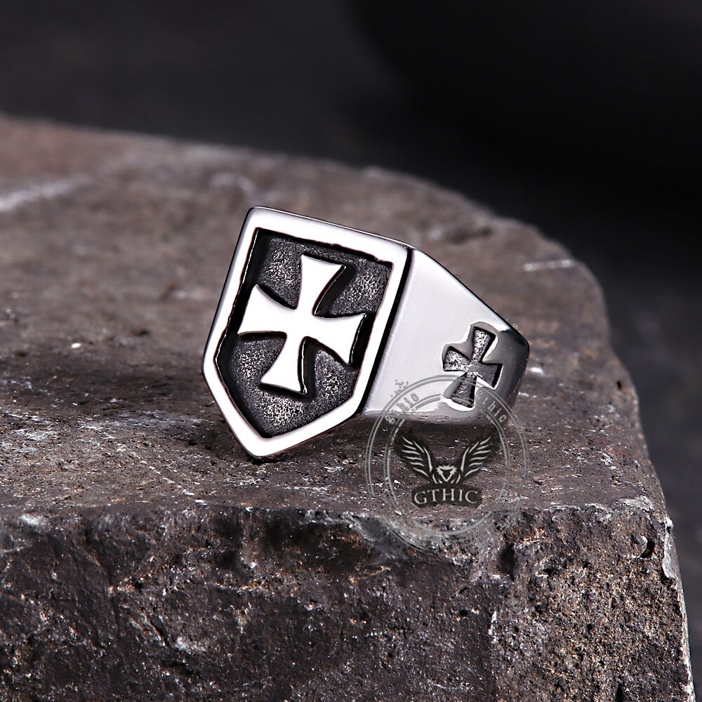 Vintage Cross Pattern Stainless Steel Shield Ring