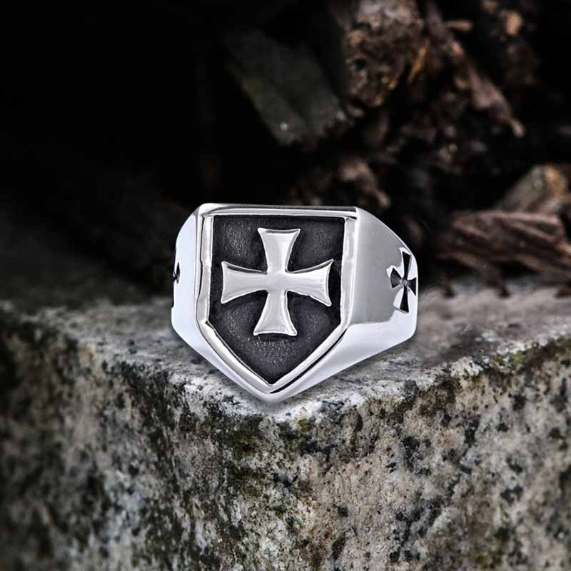 Vintage Cross Pattern Stainless Steel Shield Ring