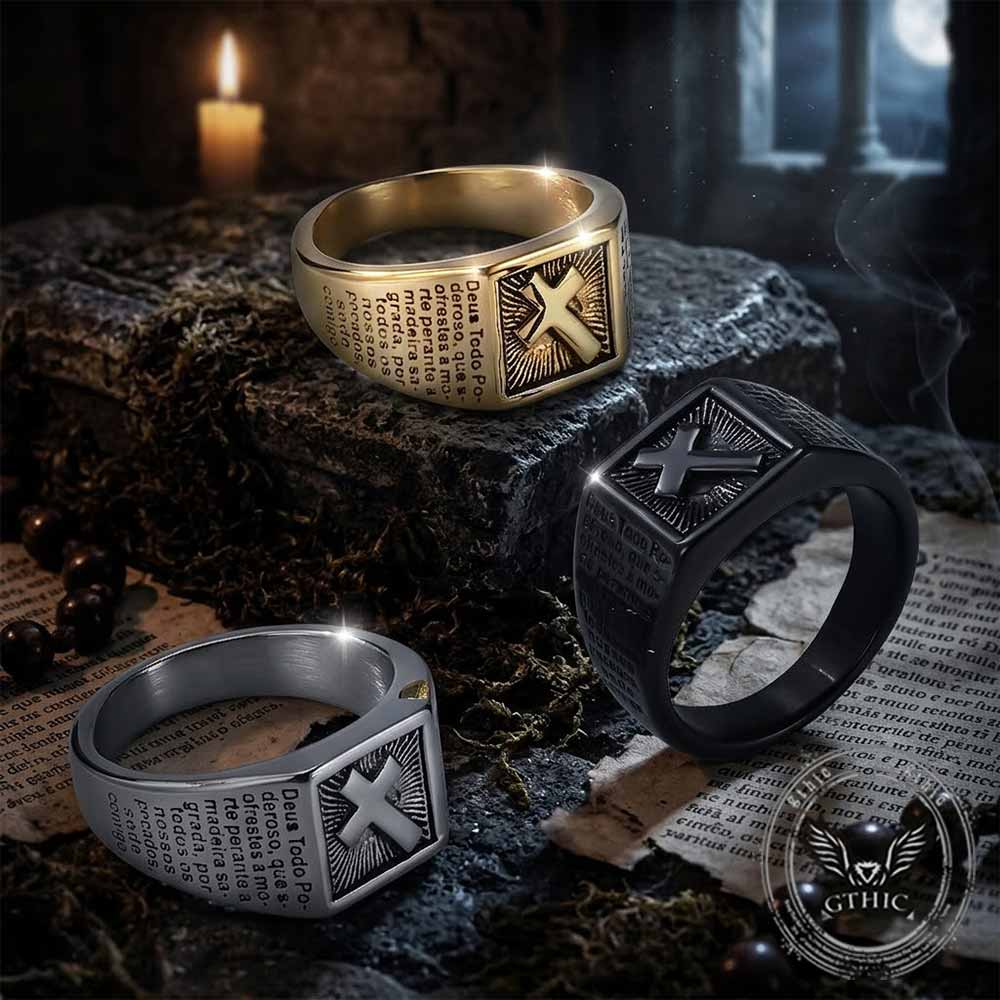 Vintage Cross Prayer Letter Stainless Steel Signet Ring | Gthic.com
