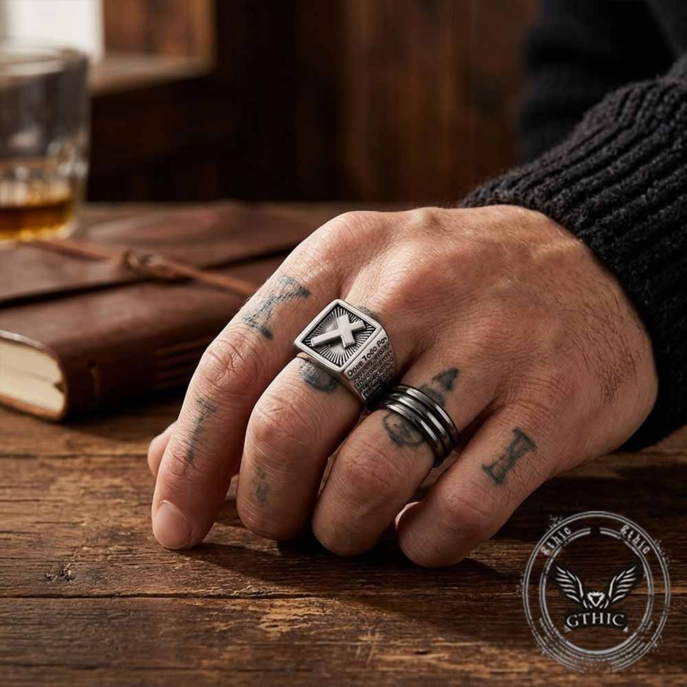 Vintage Cross Prayer Letter Stainless Steel Signet Ring | Gthic.com