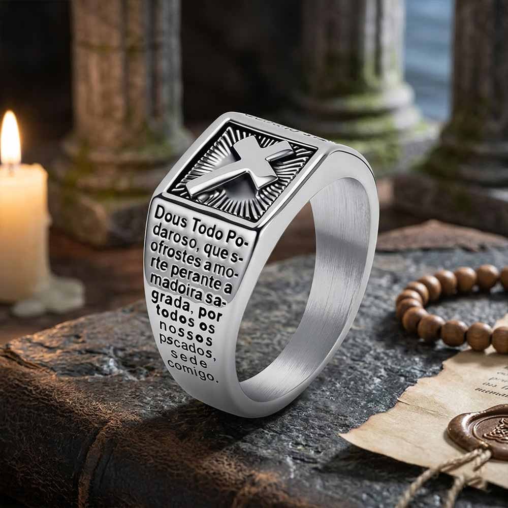 Vintage Cross Prayer Letter Stainless Steel Signet Ring | Gthic.com