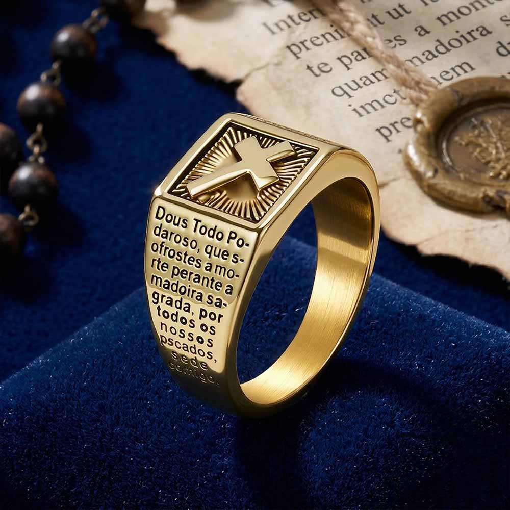 Vintage Cross Prayer Letter Stainless Steel Signet Ring