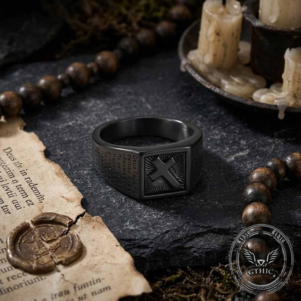 Vintage Cross Prayer Letter Stainless Steel Signet Ring