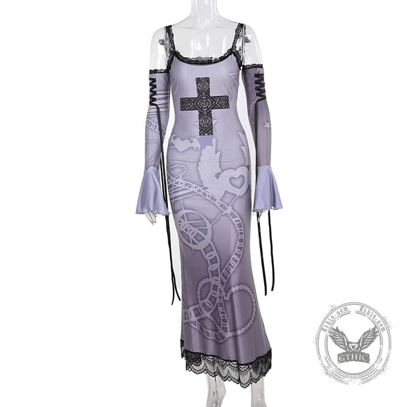Vintage Cross Print With Gloves Gothic Dress
