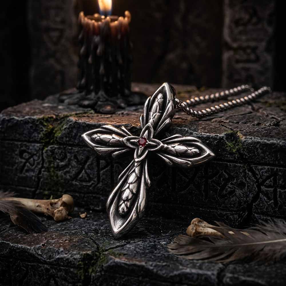 Vintage Cross Red Zircon Stainless Steel Pendant | Gthic.com