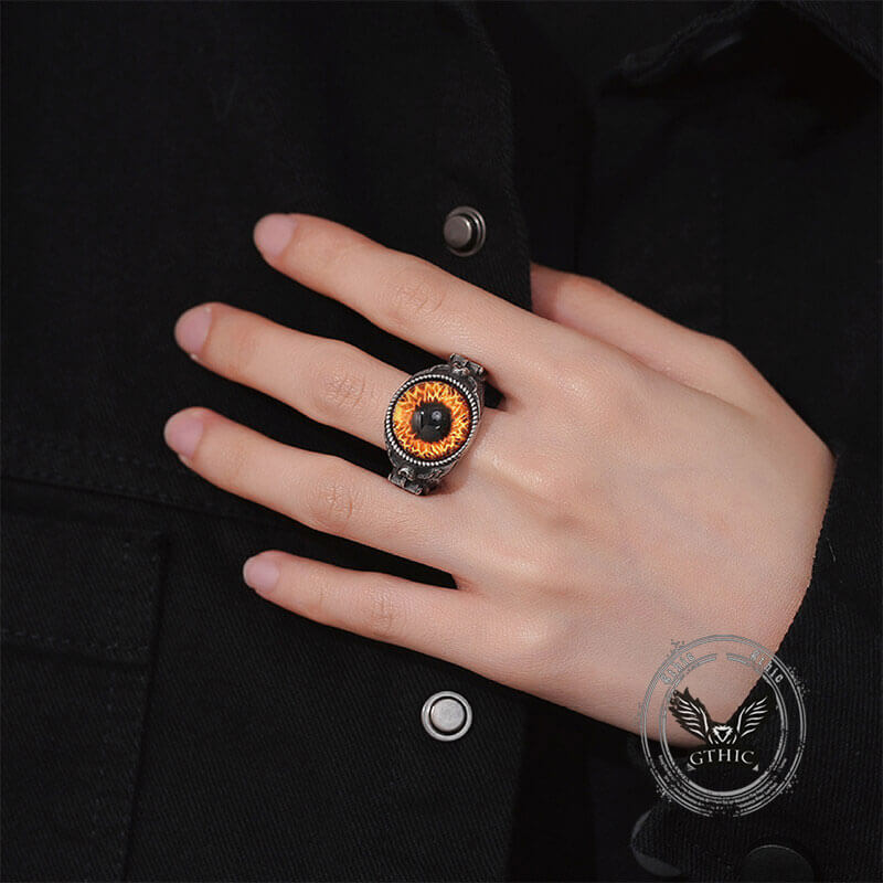 Vintage Devil Eye Angel Cross Stainless Steel Ring 02 | Gthic.com