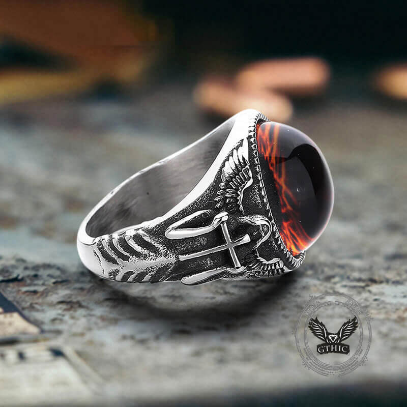 Vintage Devil Eye Angel Cross Stainless Steel Ring