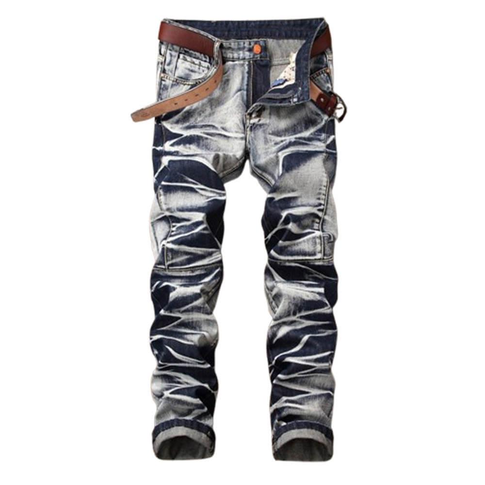 Vintage Distressed Biker Pleated Straight Jeans 01 | Gthic.com