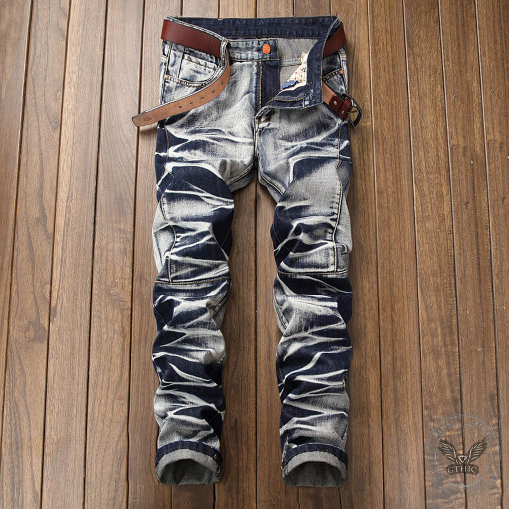 Vintage Distressed Biker Pleated Straight Jeans 02 | Gthic.com